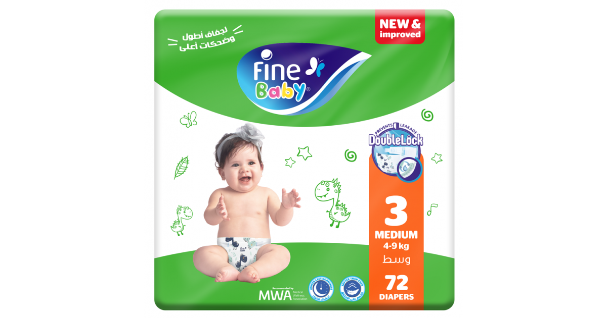 Fine Baby Diapers Size 3 Medium (4-9kg) Double Lock 72 Diapers