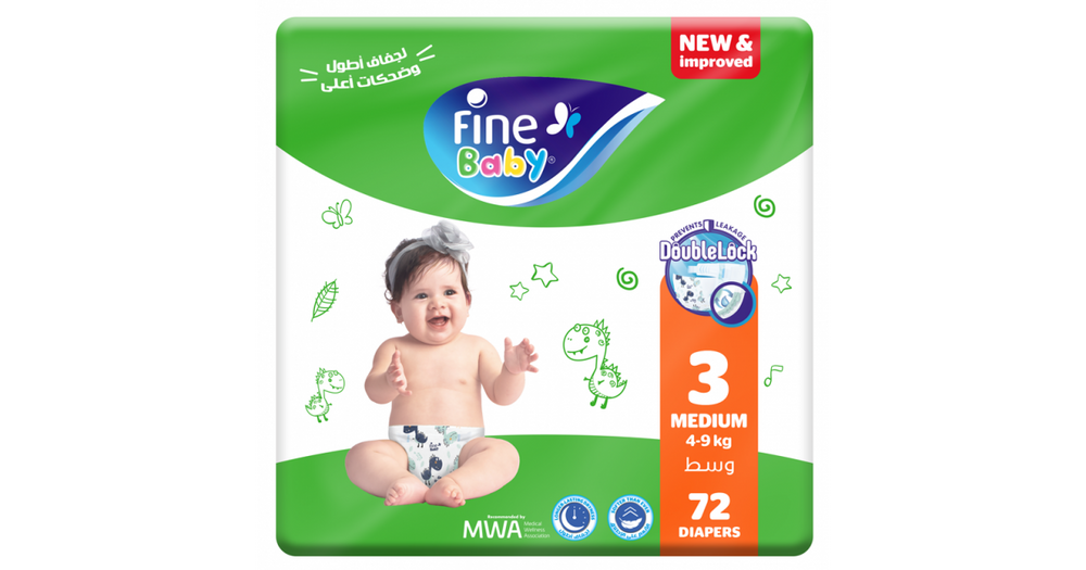 Fine Baby Diapers Size 3 Medium (4-9kg) Double Lock 72 Diapers