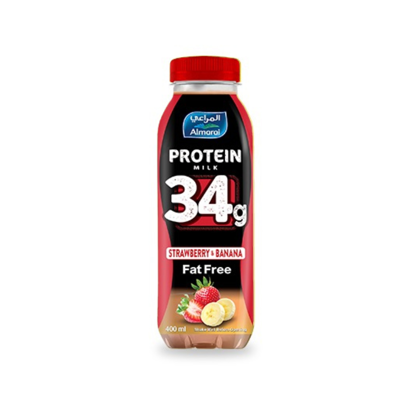 المراعي حليب بروتين 34 جرام فراولة وموز خالي من الدسم 400 مل