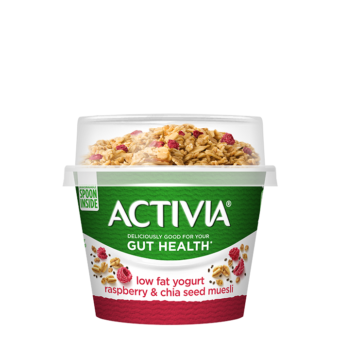 Activia Raspberry Chia Muesli Low Fat Breakfast Pot Topper Gut Health Yoghurt 150g